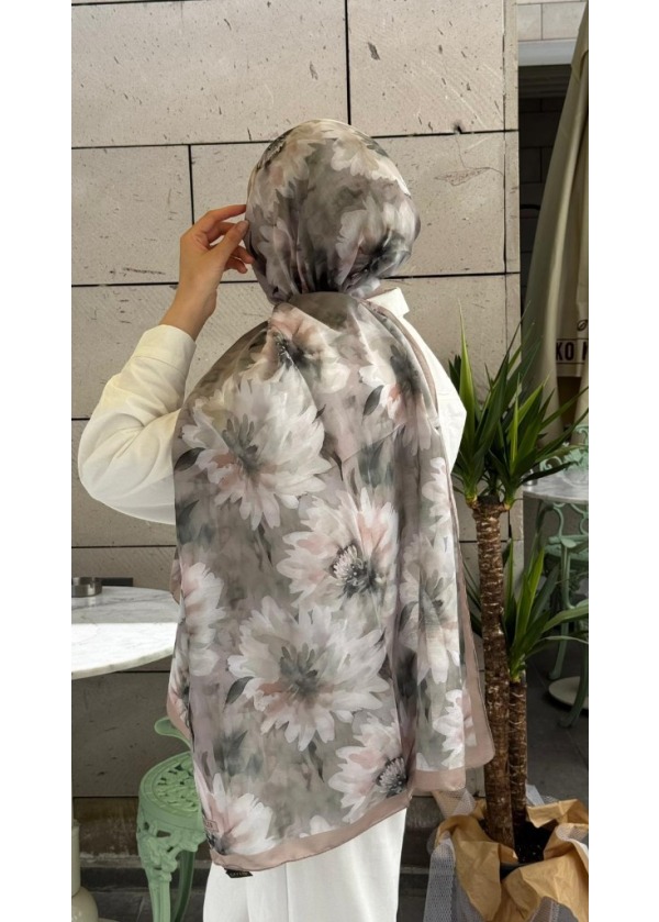 Ceylin Soft Kasımpatı Suluboya Çiçek Desenli Pamuklu Şal - C7
